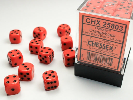 Chessex Opaque Orange/black 12mm d6 Dice Block (36 dice)