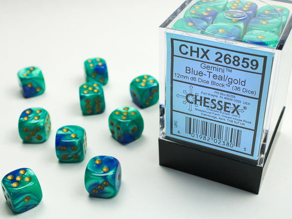 Chessex Gemini Blue-Teal/gold 12mm d6 Dice Block (36 dice)