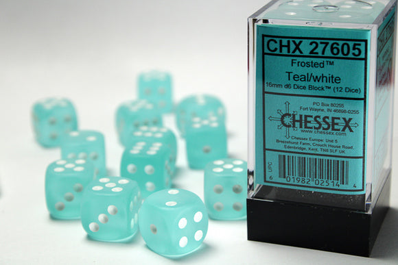 Chessex Frosted Teal/white 16mm d6 Dice Block (12 dice)