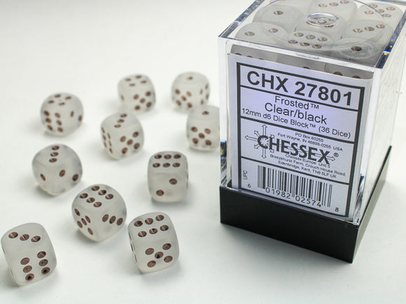 Chessex Frosted Clear/black 12mm d6 Dice Block (36 dice)