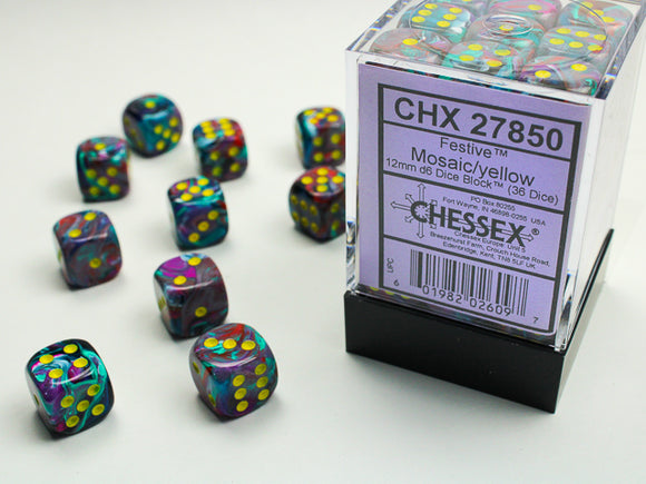Chessex Festive Mosaic/yellow 12mm d6 Dice Block (36 dice)