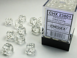 Chessex Translucent Clear/white 12mm d6 Dice Block (36 dice)