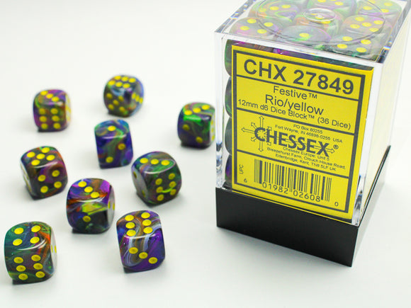 Chessex Festive Rio/yellow 12mm d6 Dice Block (36 dice)